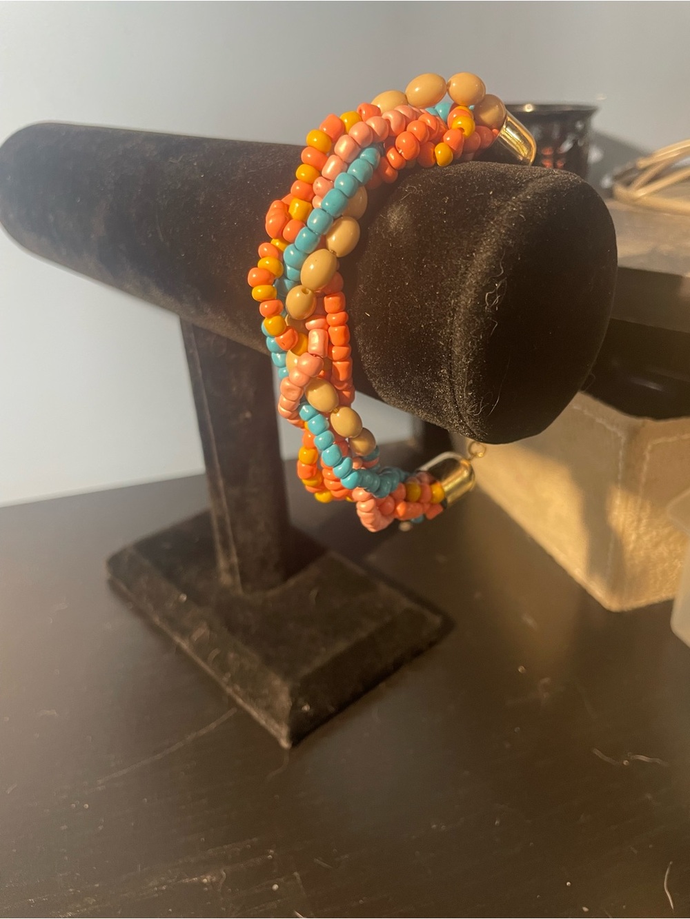 Braided Beaded Bracelet — Coral, Turquoise & Tan